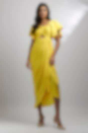 Yellow Crepe Draped Gown by Ewoke at Pernia's Pop Up Shop