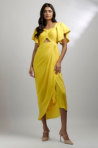 Yellow Crepe Draped Gown by Ewoke