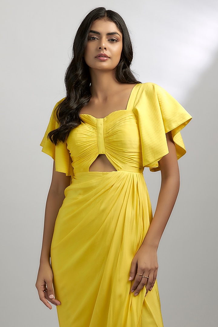 Yellow Crepe Draped Gown by Ewoke at Pernia's Pop Up Shop