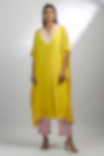 Yellow Crepe & Satin Embroidered Kurta Set by Ewoke at Pernia's Pop Up Shop