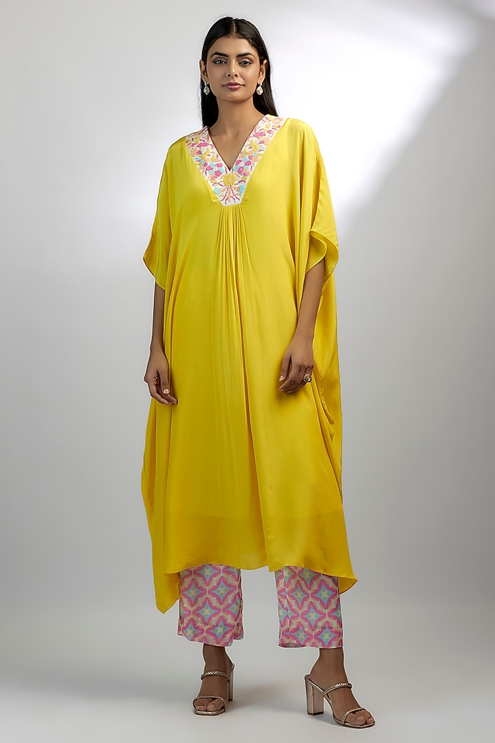 Yellow Crepe & Satin Embroidered Kurta Set by Ewoke at Pernia's Pop Up Shop