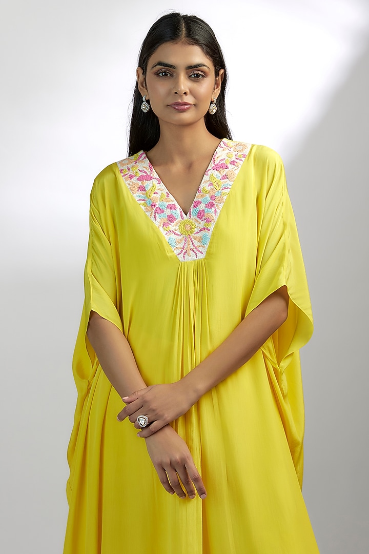 Yellow Crepe & Satin Embroidered Kurta Set by Ewoke at Pernia's Pop Up Shop