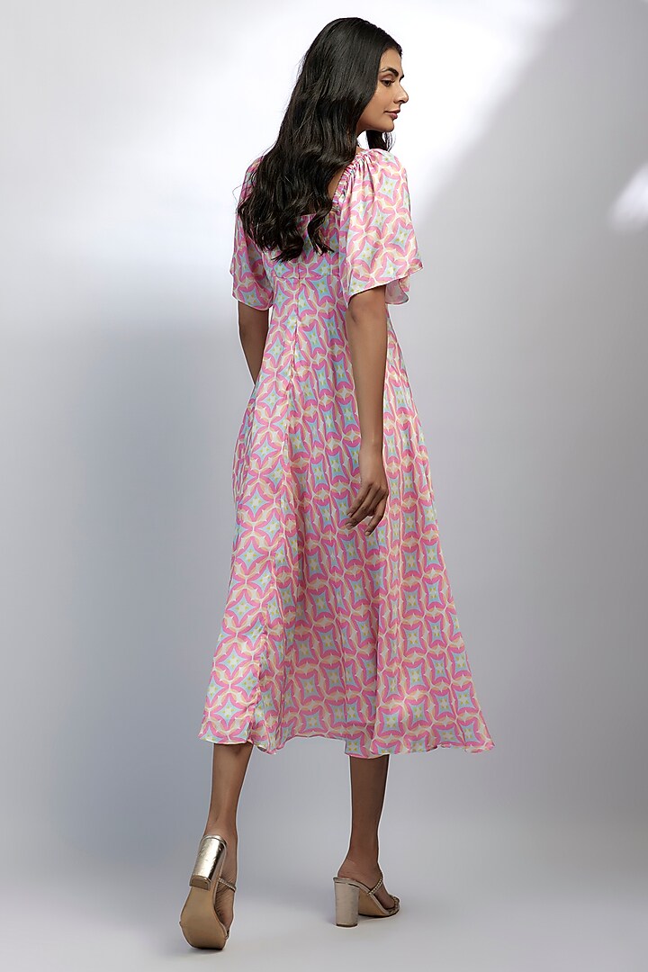 Pink Satin Abstract Printed Midi Summer Dress by Ewoke at Pernia's Pop Up Shop