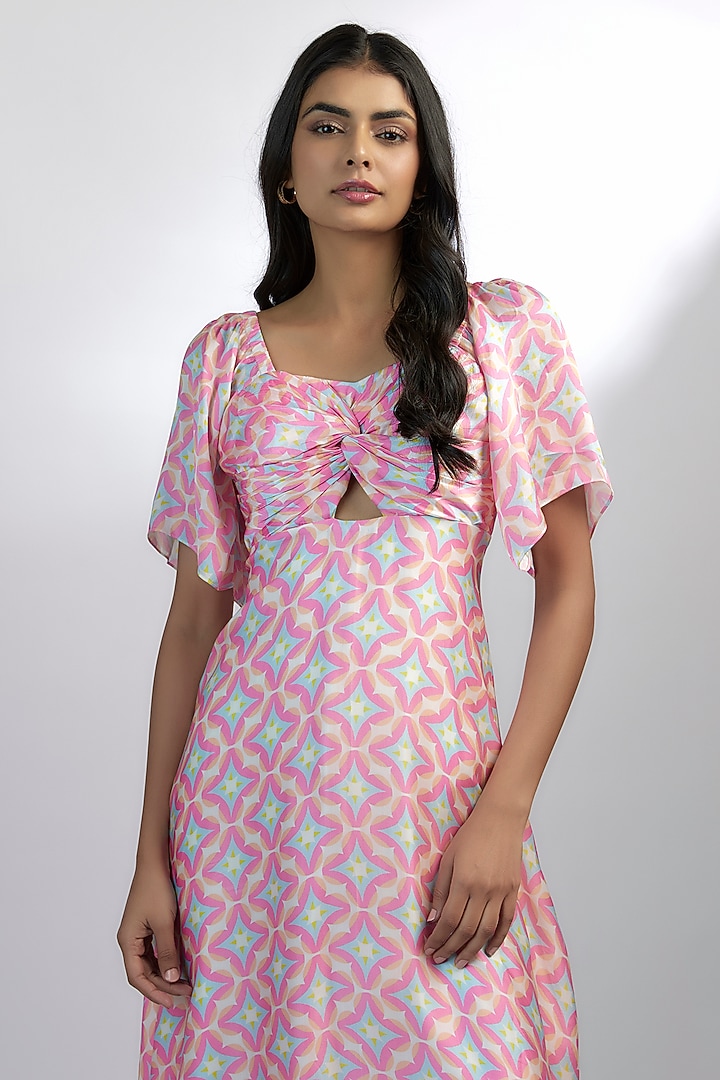 Pink Satin Abstract Printed Midi Summer Dress by Ewoke at Pernia's Pop Up Shop