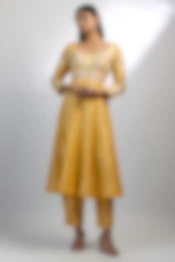 Yellow Khadi Tencel Embroidered Anarkali Set by Ewoke at Pernia's Pop Up Shop