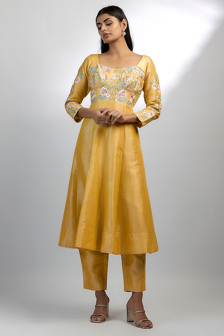 Yellow Khadi Tencel Embroidered Anarkali Set by Ewoke at Pernia's Pop Up Shop