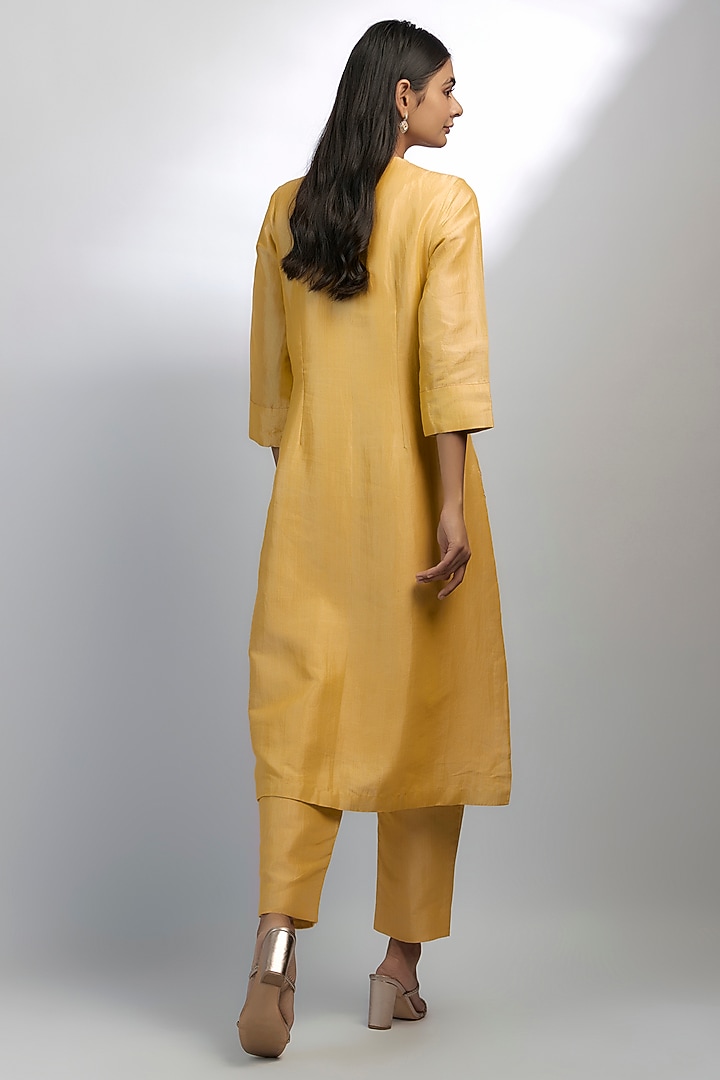 Yellow Khadi Tencel Embroidered Kurta Set by Ewoke at Pernia's Pop Up Shop