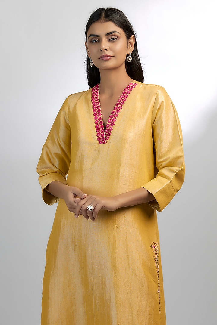 Yellow Khadi Tencel Embroidered Kurta Set by Ewoke at Pernia's Pop Up Shop
