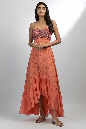 Peach Crepe Embroidered Vacation Dress by Ewoke at Pernia's Pop Up Shop