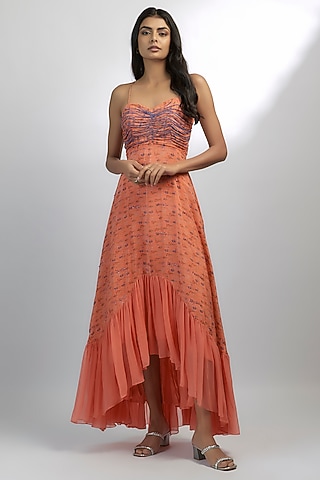 Peach Crepe Embroidered Dress by Ewoke