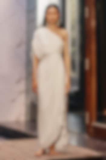 Ivory Satin Georgette One Shoulder Drape Summer Dress by Ewoke at Pernia's Pop Up Shop