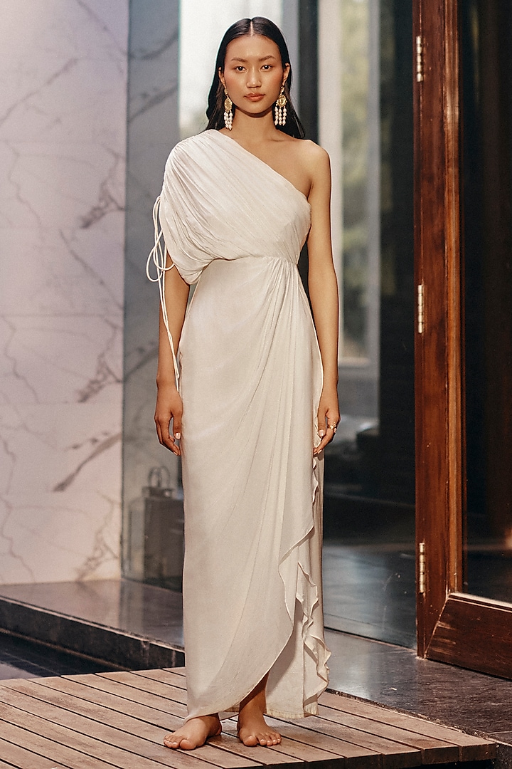 Ivory Satin Georgette One Shoulder Drape Summer Dress by Ewoke at Pernia's Pop Up Shop