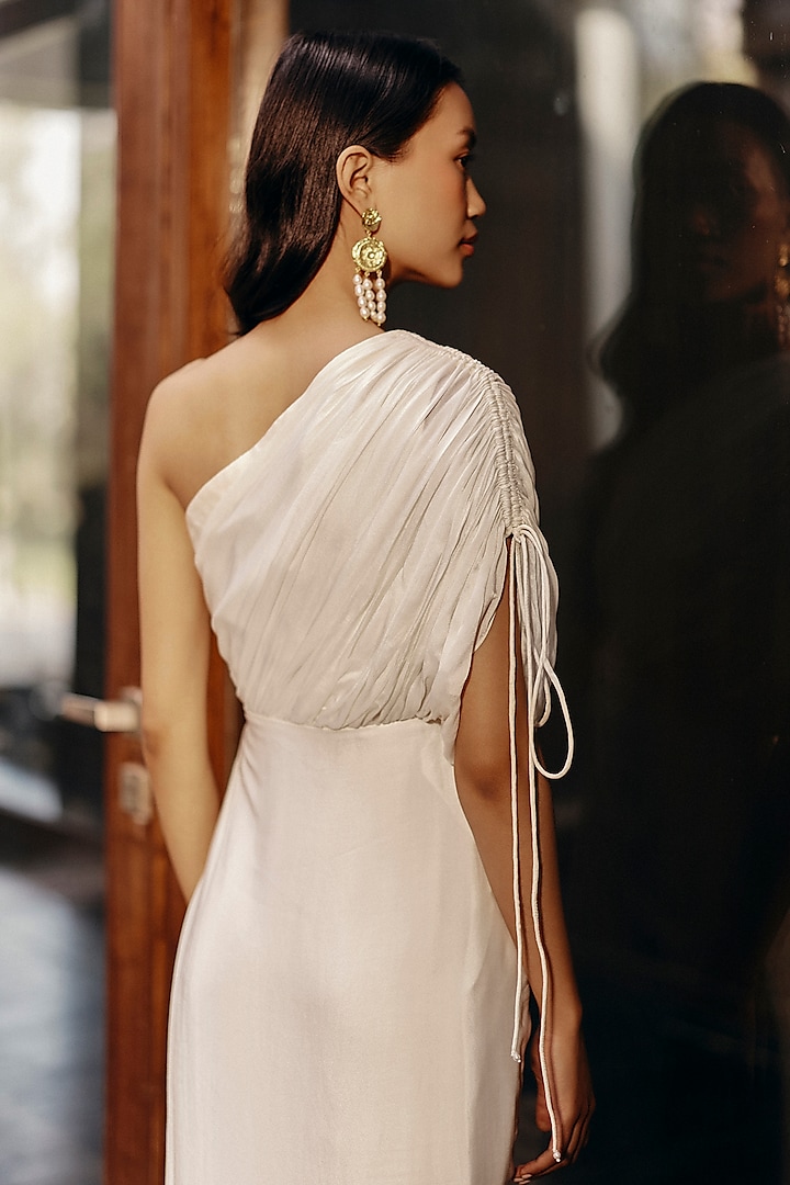 Ivory Satin Georgette One Shoulder Drape Summer Dress by Ewoke at Pernia's Pop Up Shop