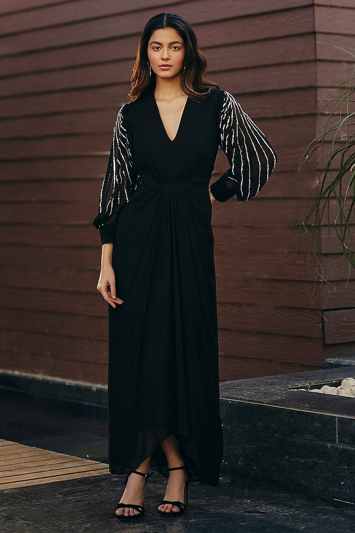 Black Georgette Embellished Flowy Summer Dress by Ewoke at Pernia's Pop Up Shop