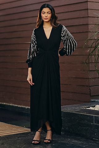 black georgette maxi dress Black Georgette Maxi Dress with High Neck, Bishop Sleeves and Tie Belt Black / S