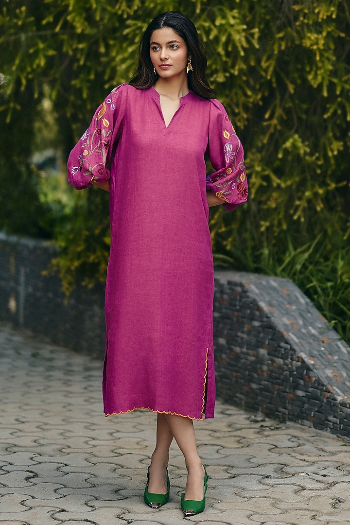 Pink Hemp Hand Embroidered Summer Dress by Ewoke at Pernia's Pop Up Shop