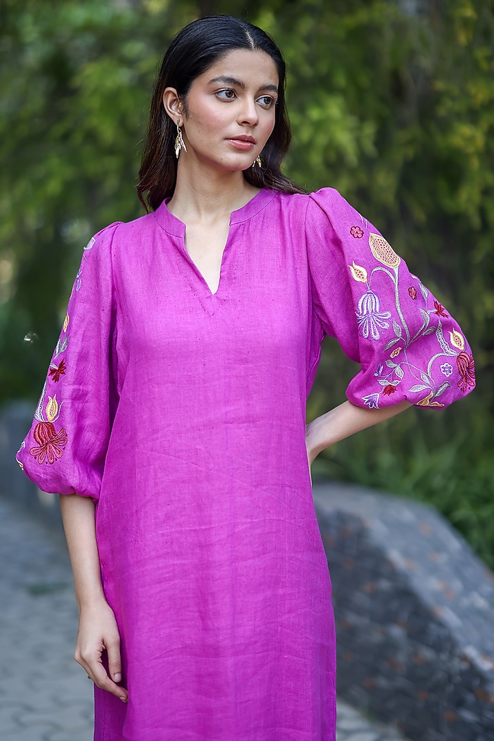 Pink Hemp Hand Embroidered Summer Dress by Ewoke at Pernia's Pop Up Shop