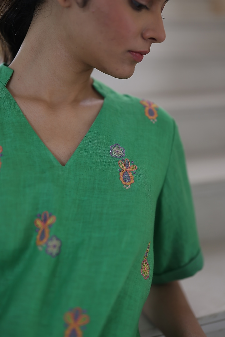 Pine Green Hemp Machine Embroidered Top by Ewoke at Pernia's Pop Up Shop