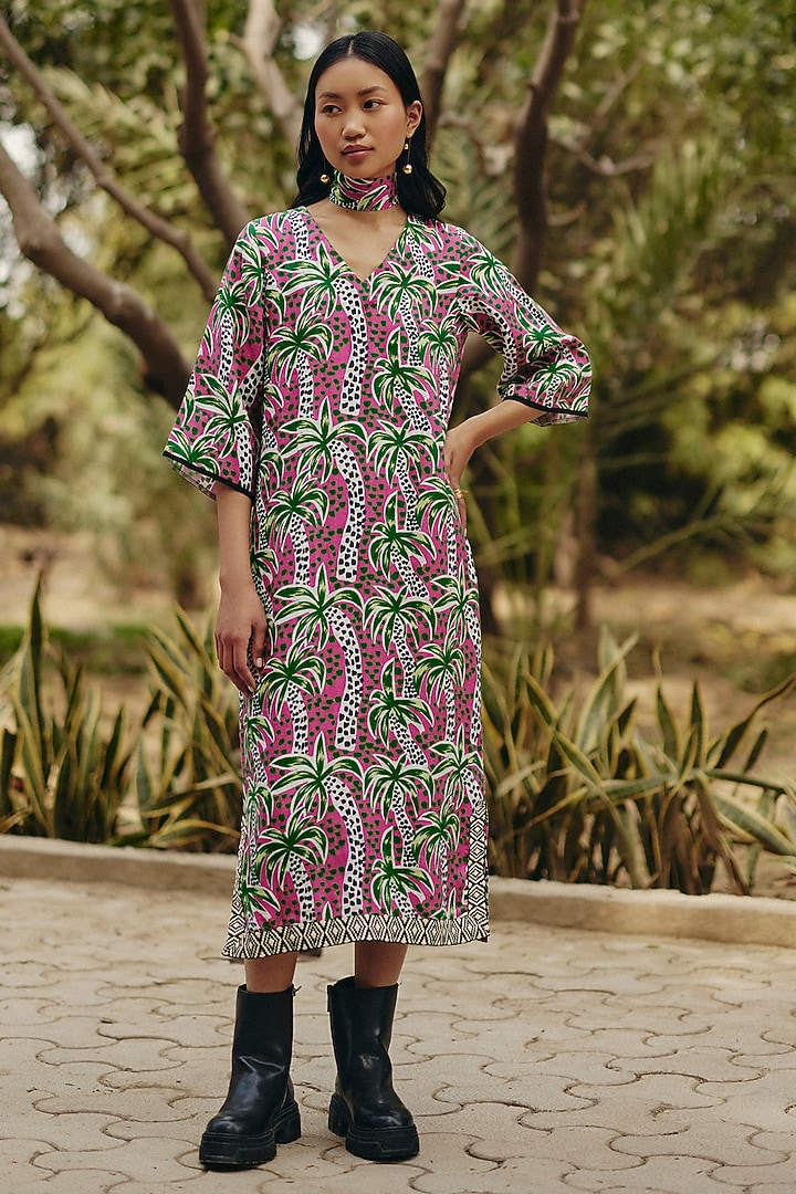 Pink & Green Hemp Palm Printed Summer Dress by Ewoke at Pernia's Pop Up Shop