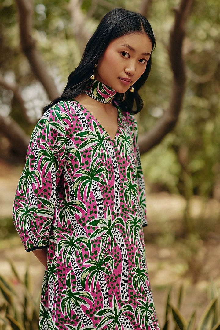 Pink & Green Hemp Palm Printed Summer Dress by Ewoke at Pernia's Pop Up Shop