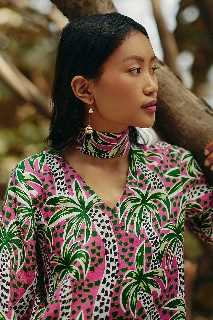 Pink & Green Hemp Palm Printed Summer Dress by Ewoke at Pernia's Pop Up Shop