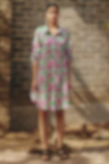 Pink & Green Hemp Palm Printed Summer Shirt Dress by Ewoke at Pernia's Pop Up Shop