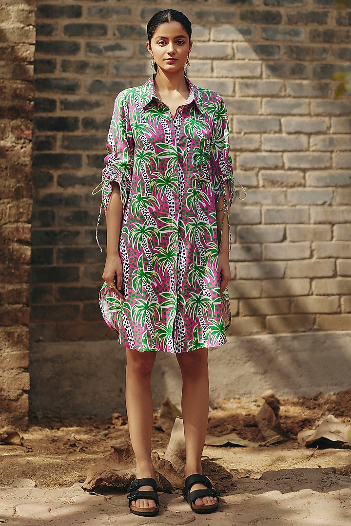 Pink & Green Hemp Palm Printed Summer Shirt Dress by Ewoke at Pernia's Pop Up Shop