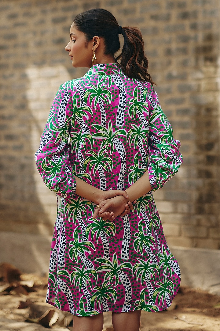 Pink & Green Hemp Palm Printed Summer Shirt Dress by Ewoke at Pernia's Pop Up Shop