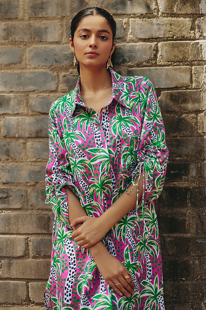 Pink & Green Hemp Palm Printed Summer Shirt Dress by Ewoke at Pernia's Pop Up Shop