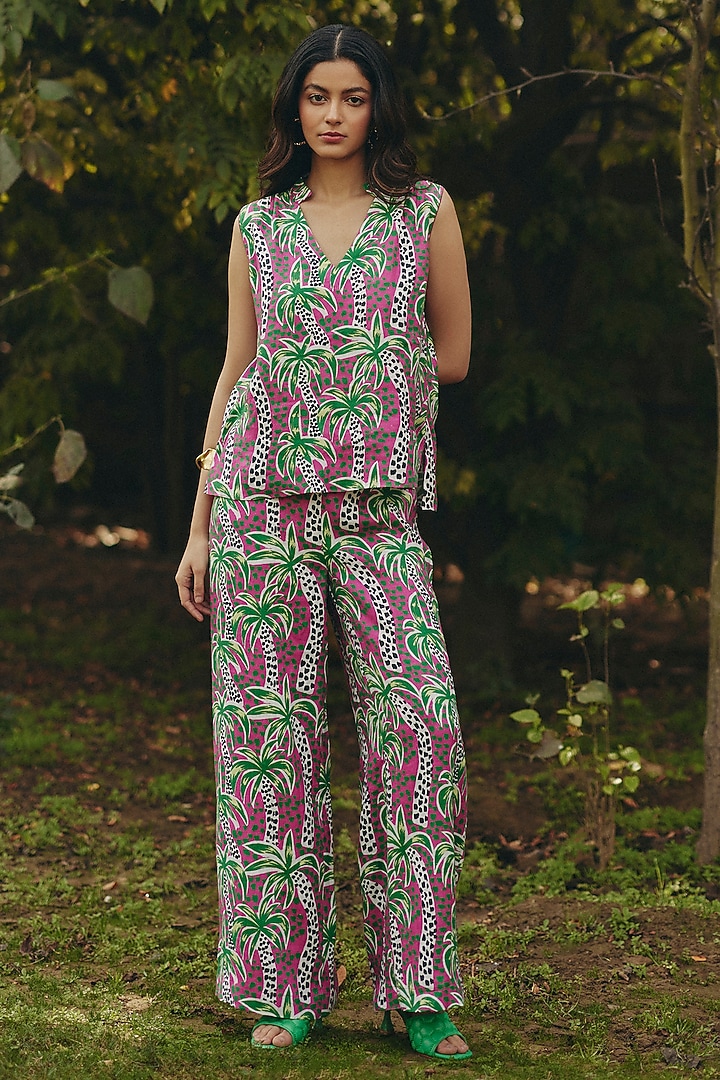 Pink & Green Hemp Palm Printed Co-Ord Set by Ewoke at Pernia's Pop Up Shop