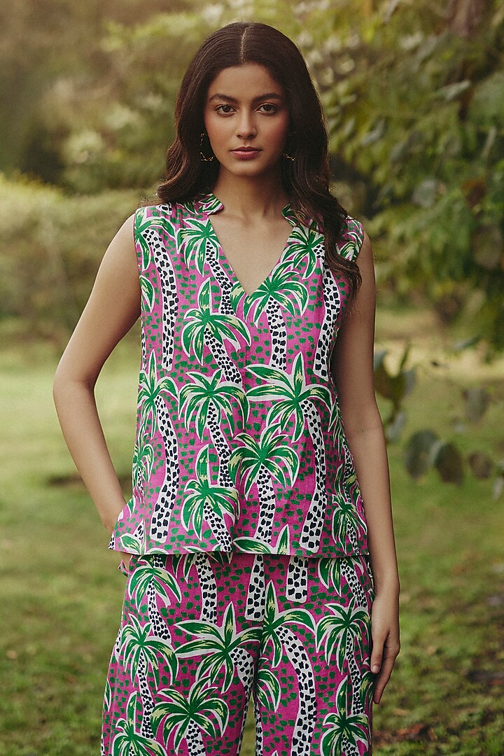 Pink & Green Hemp Palm Printed Co-Ord Set by Ewoke at Pernia's Pop Up Shop