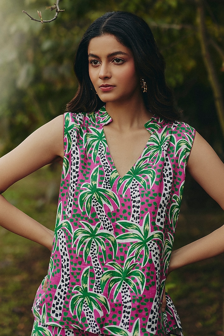 Pink & Green Hemp Palm Printed Co-Ord Set by Ewoke at Pernia's Pop Up Shop