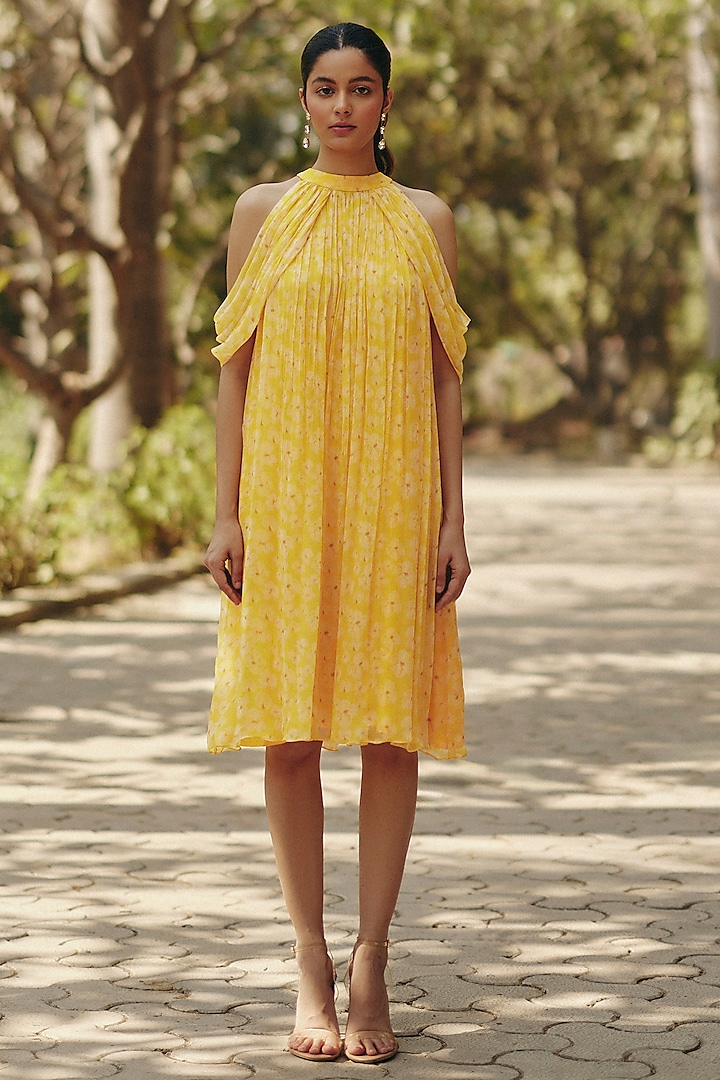 Yellow Chiffon Ruffled Mini Summer Dress by Ewoke at Pernia's Pop Up Shop