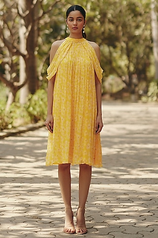 Yellow Chiffon Ruffled Mini Dress by Ewoke