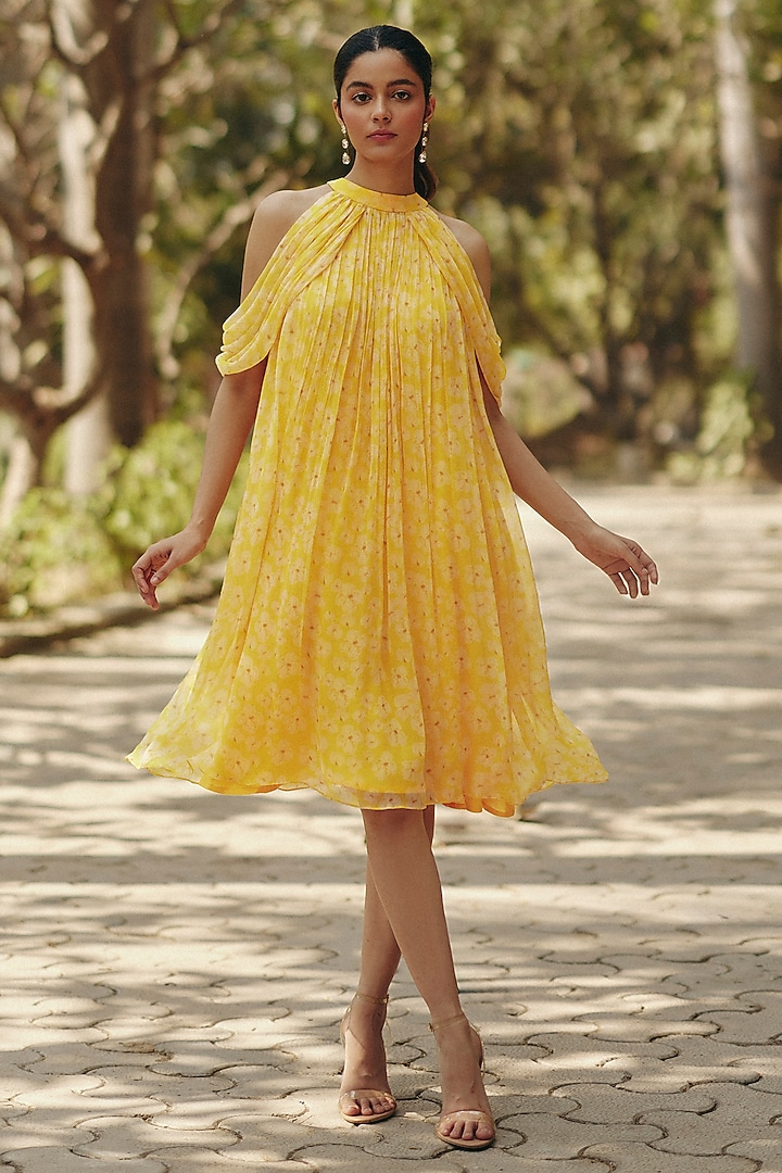 Yellow Chiffon Ruffled Mini Summer Dress by Ewoke at Pernia's Pop Up Shop