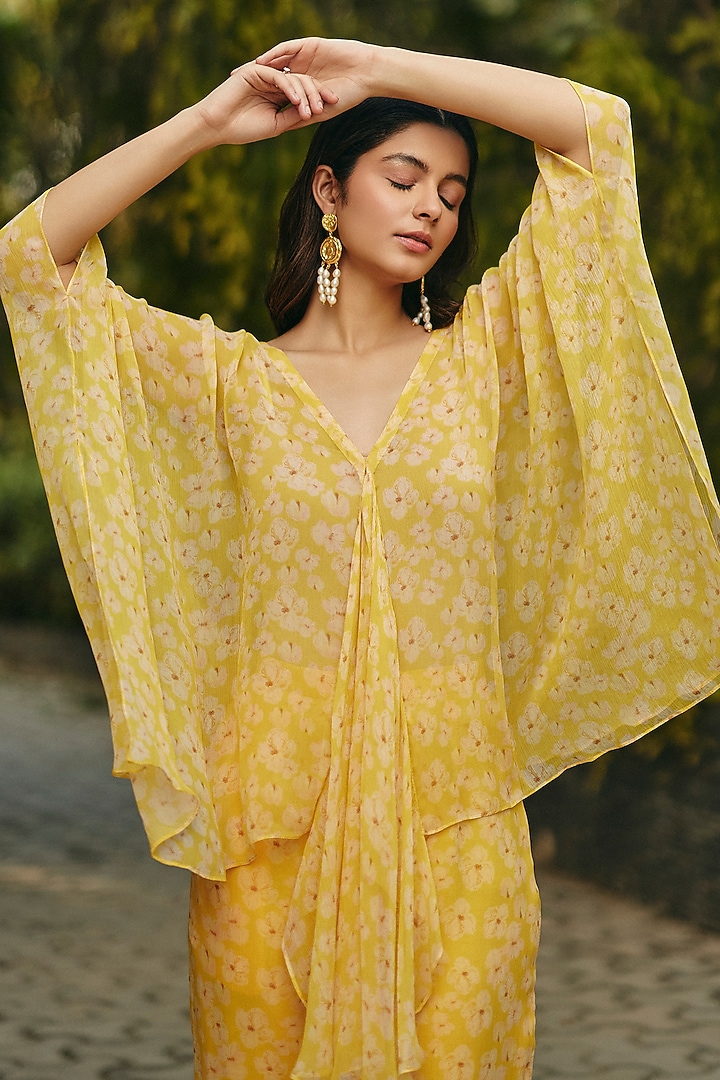 Yellow Chiffon Floral Printed Co-Ord Set by Ewoke at Pernia's Pop Up Shop