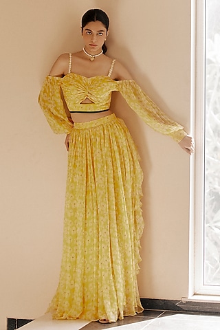 Yellow Chiffon Floral Printed Draped Skirt Set by Ewoke