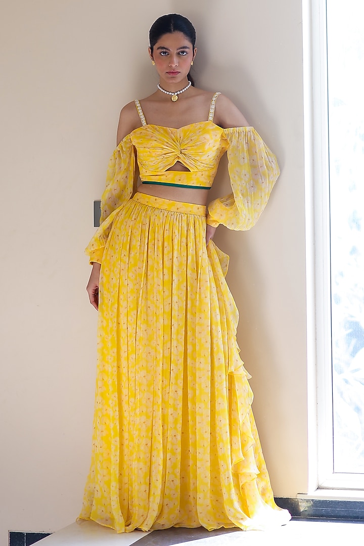 Yellow Chiffon Floral Printed Draped Skirt Set by Ewoke at Pernia's Pop Up Shop