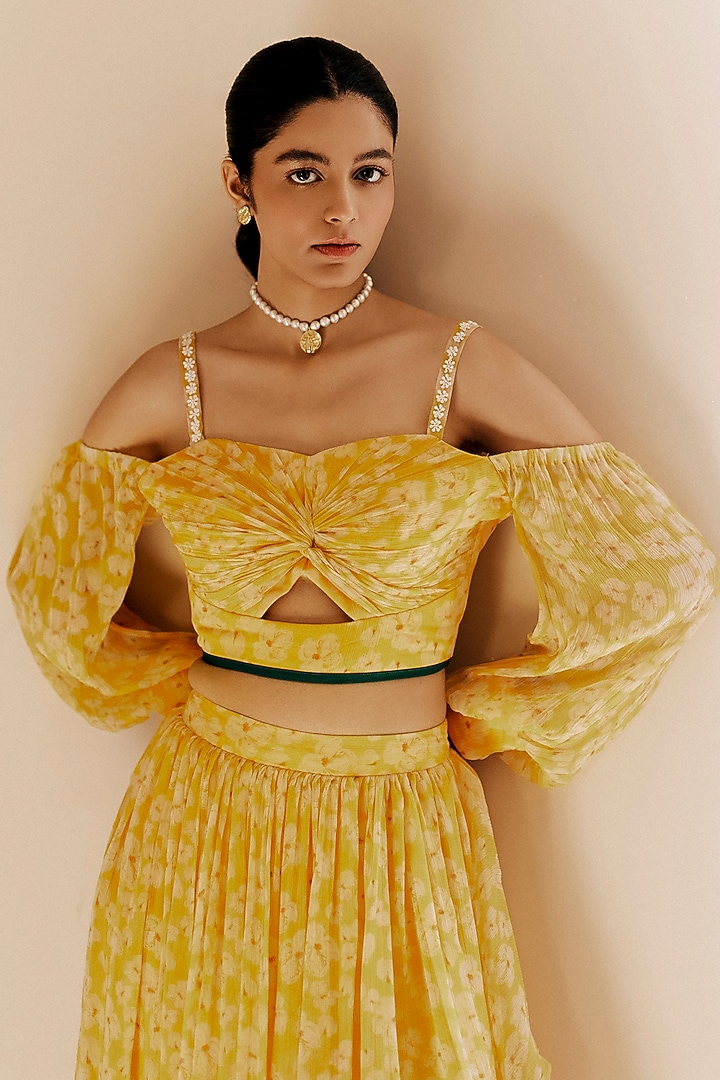 Yellow Chiffon Floral Printed Draped Skirt Set by Ewoke at Pernia's Pop Up Shop