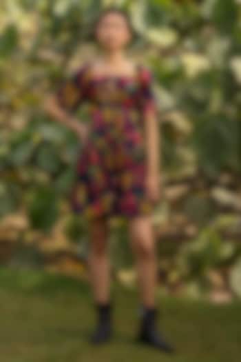 Blue Satin Chiffon Tropical Fruit Printed Mini Summer Dress by Ewoke at Pernia's Pop Up Shop