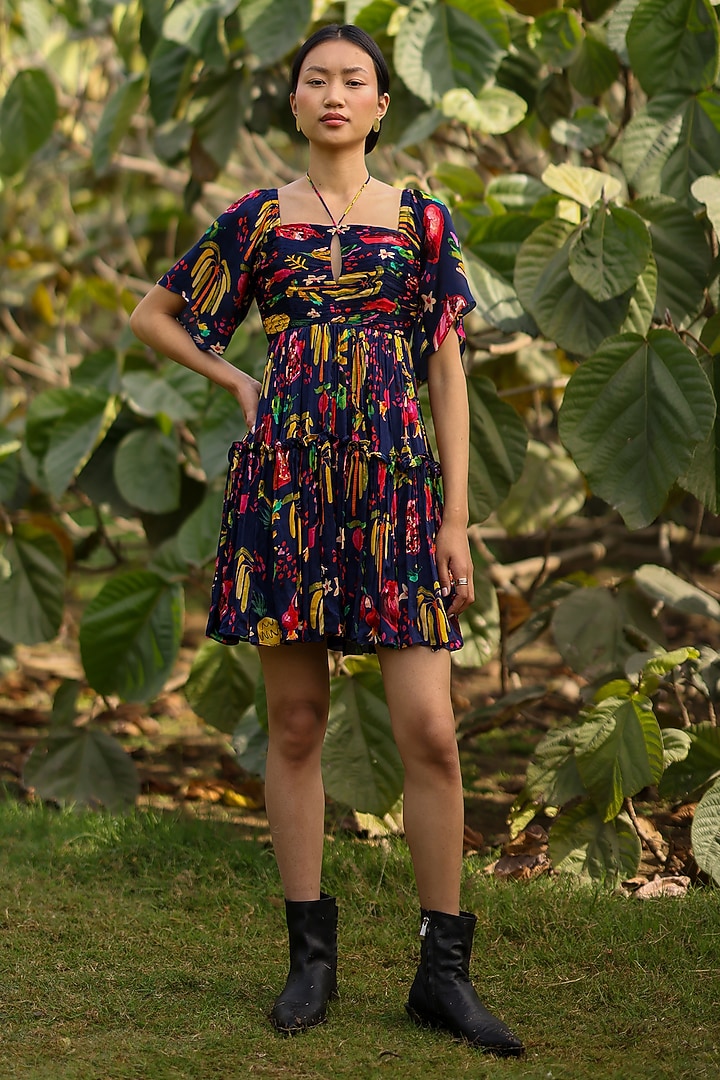 Blue Satin Chiffon Tropical Fruit Printed Mini Summer Dress by Ewoke at Pernia's Pop Up Shop