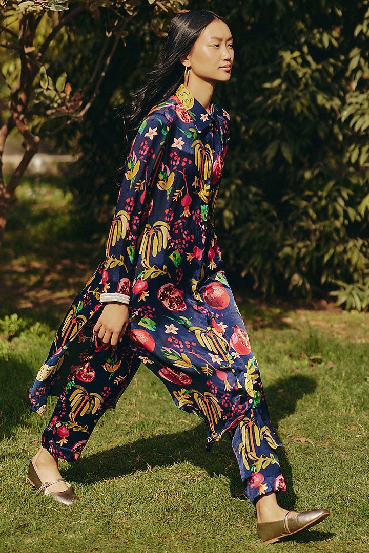 Blue Satin Chiffon Printed Co-Ord Set by Ewoke at Pernia's Pop Up Shop