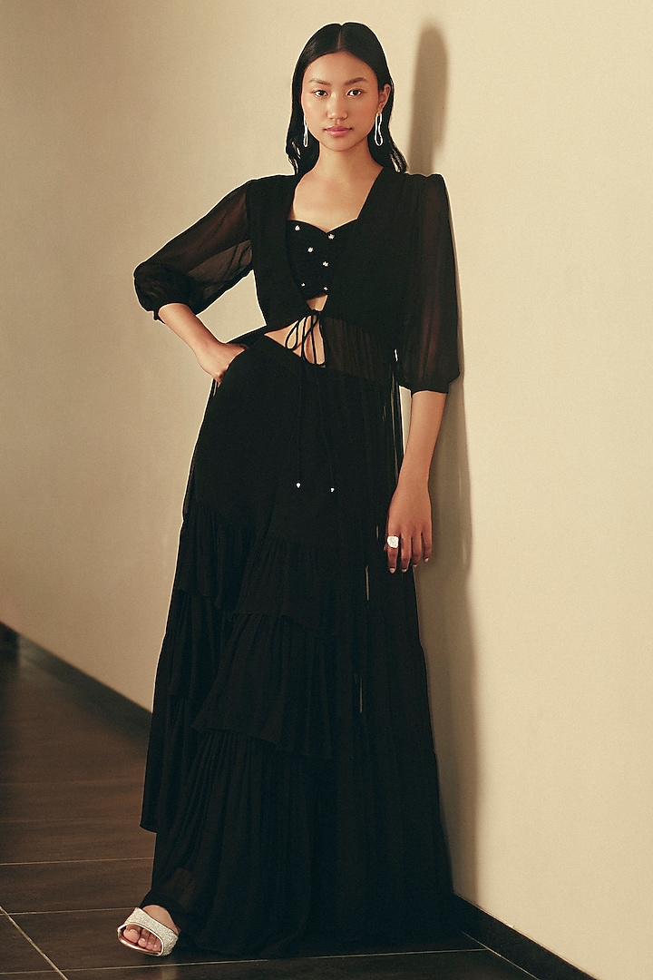 Black Georgette Flowy Co-Ord Set by Ewoke at Pernia's Pop Up Shop