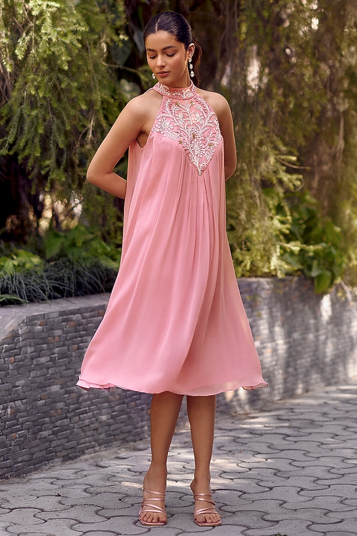 Pink Georgette Floral Hand Embroidered Midi Summer Dress by Ewoke at Pernia's Pop Up Shop