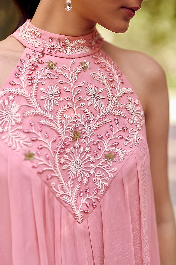 Pink Georgette Floral Hand Embroidered Midi Summer Dress by Ewoke at Pernia's Pop Up Shop