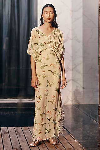 Yellow Georgette Floral Printed Kaftan by Ewoke