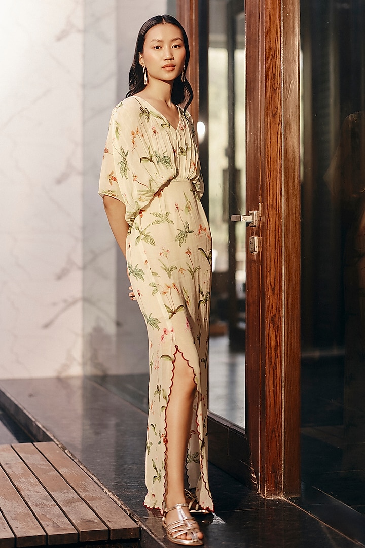 Yellow Georgette Floral Printed Kaftan by Ewoke at Pernia's Pop Up Shop