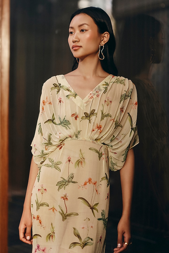 Yellow Georgette Floral Printed Kaftan by Ewoke at Pernia's Pop Up Shop