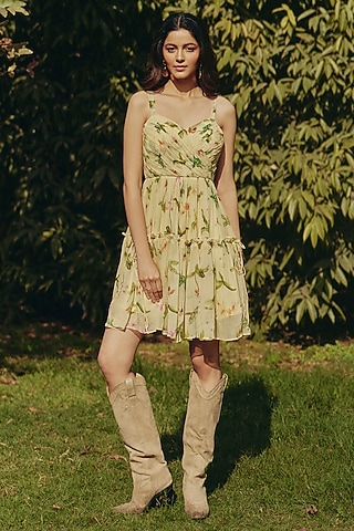 Yellow Georgette Floral Printed Mini Dress by Ewoke
