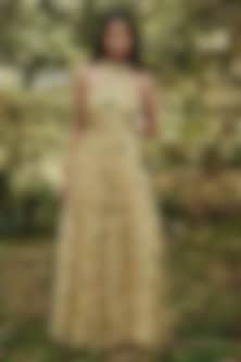 Yellow Georgette Floral Printed Halter Maxi Dress by Ewoke